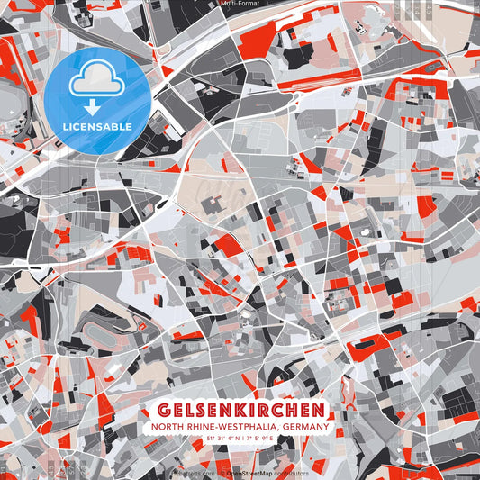 Gelsenkirchen, North Rhine-Westphalia, Germany - modern street map poster template with gray and red tones