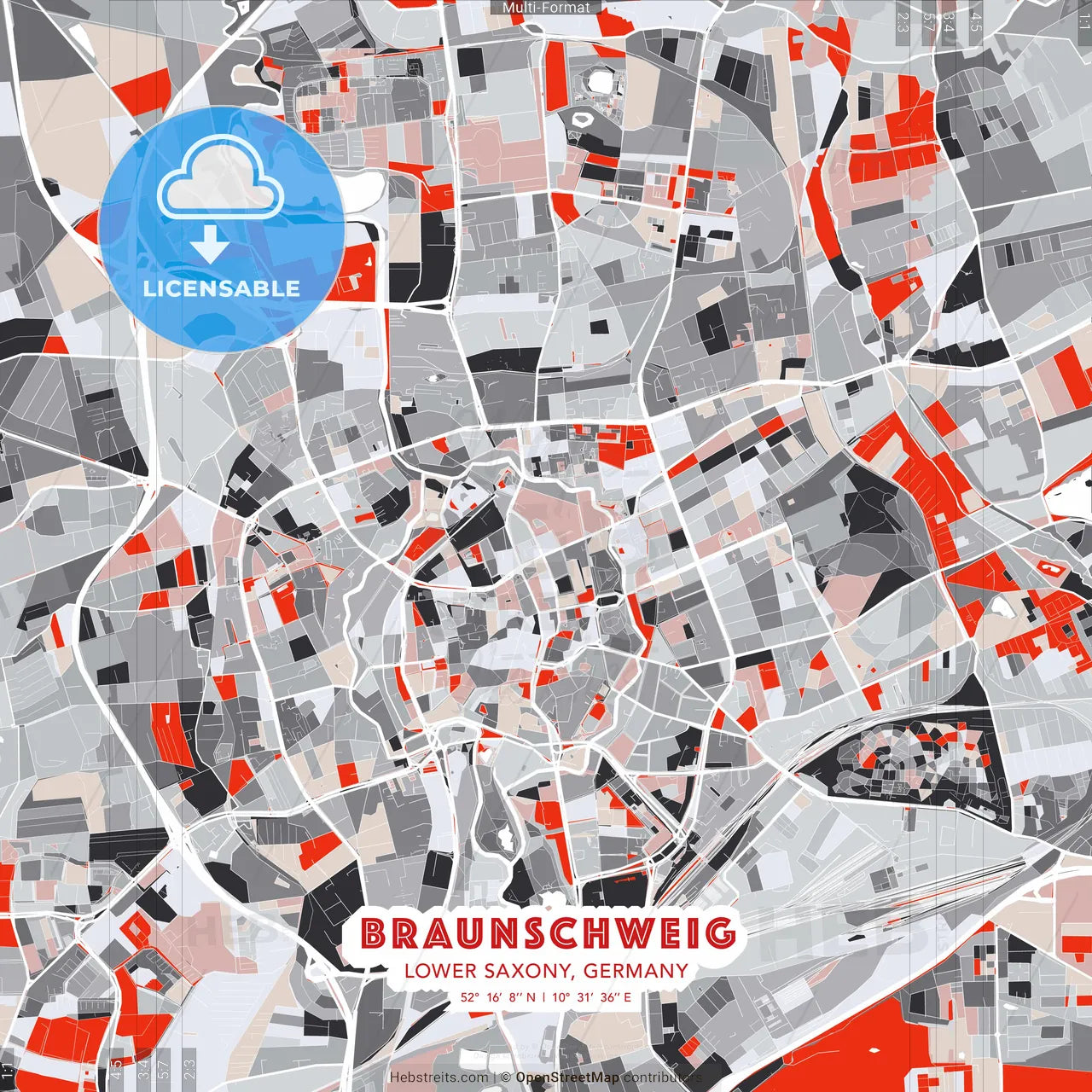 Braunschweig, Lower Saxony, Germany - modern street map poster template with gray and red tones