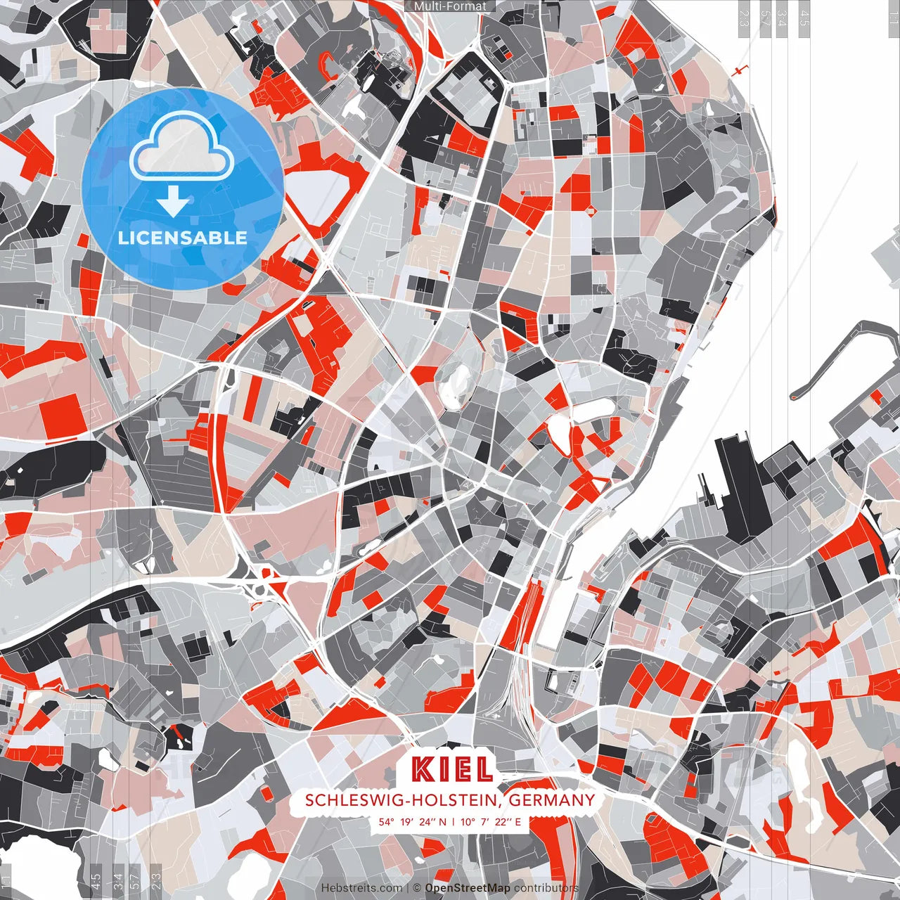 Kiel, Schleswig-Holstein, Germany - modern street map poster template with gray and red tones