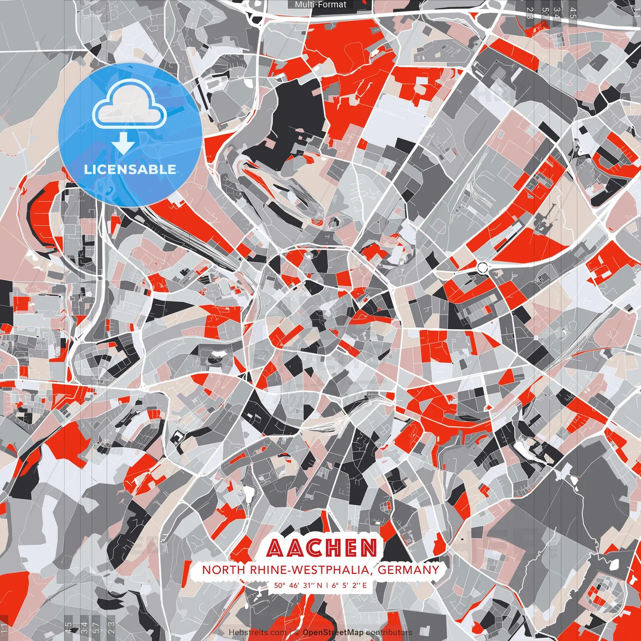 Aachen, North Rhine-Westphalia, Germany - modern street map poster template with gray and red tones