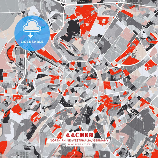 Aachen, North Rhine-Westphalia, Germany - modern street map poster template with gray and red tones