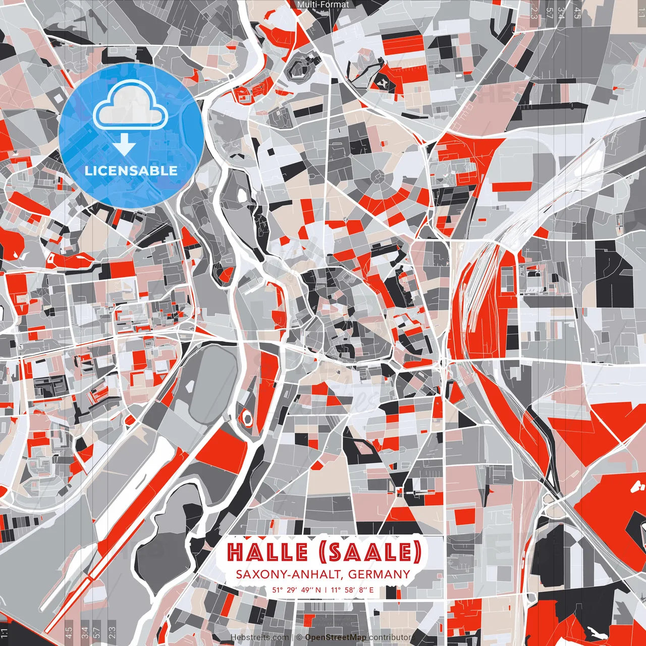 Halle (Saale), Saxony-Anhalt, Germany - modern street map poster template with gray and red tones