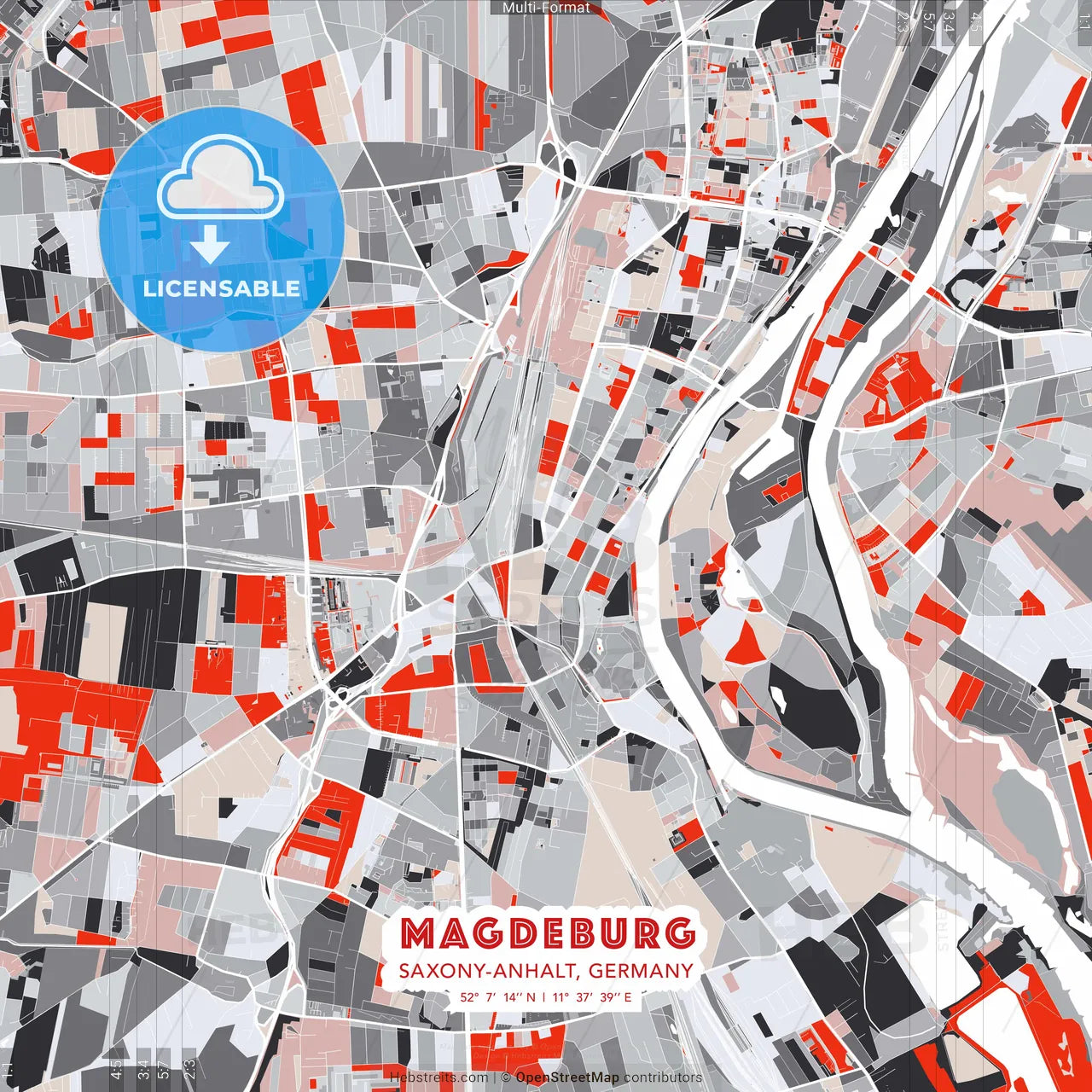 Magdeburg, Saxony-Anhalt, Germany - modern street map poster template with gray and red tones