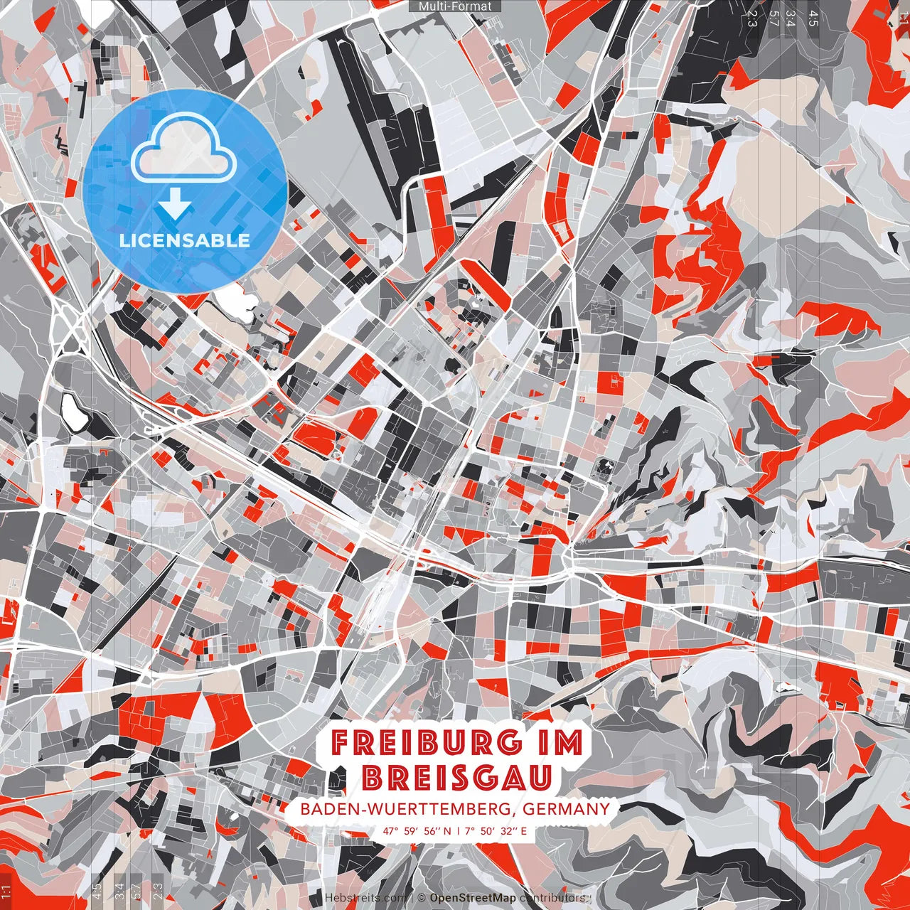Freiburg im Breisgau, Baden-Wuerttemberg, Germany - modern street map poster template with gray and red tones