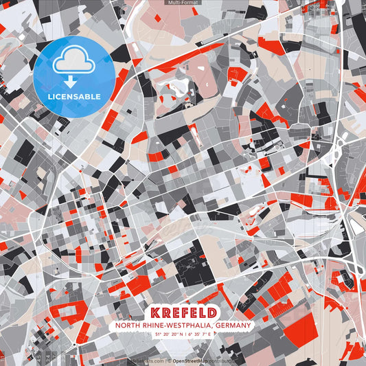 Krefeld, North Rhine-Westphalia, Germany - modern street map poster template with gray and red tones