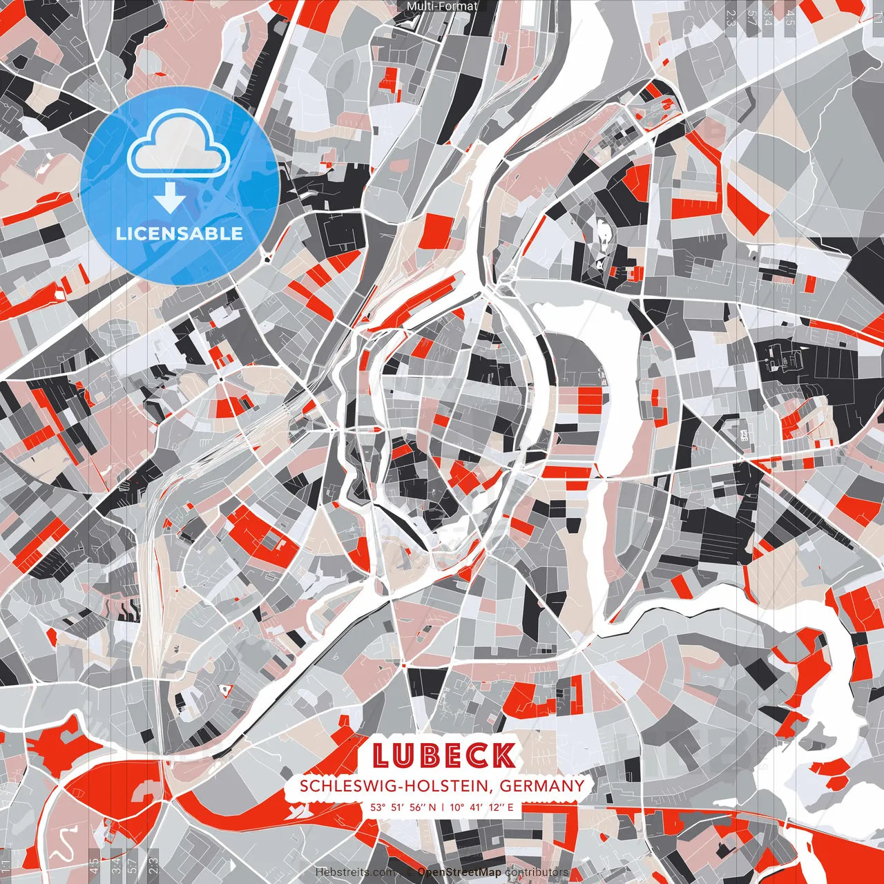 Lubeck, Schleswig-Holstein, Germany - modern street map poster template with gray and red tones