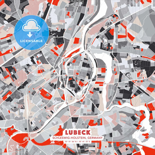 Lubeck, Schleswig-Holstein, Germany - modern street map poster template with gray and red tones