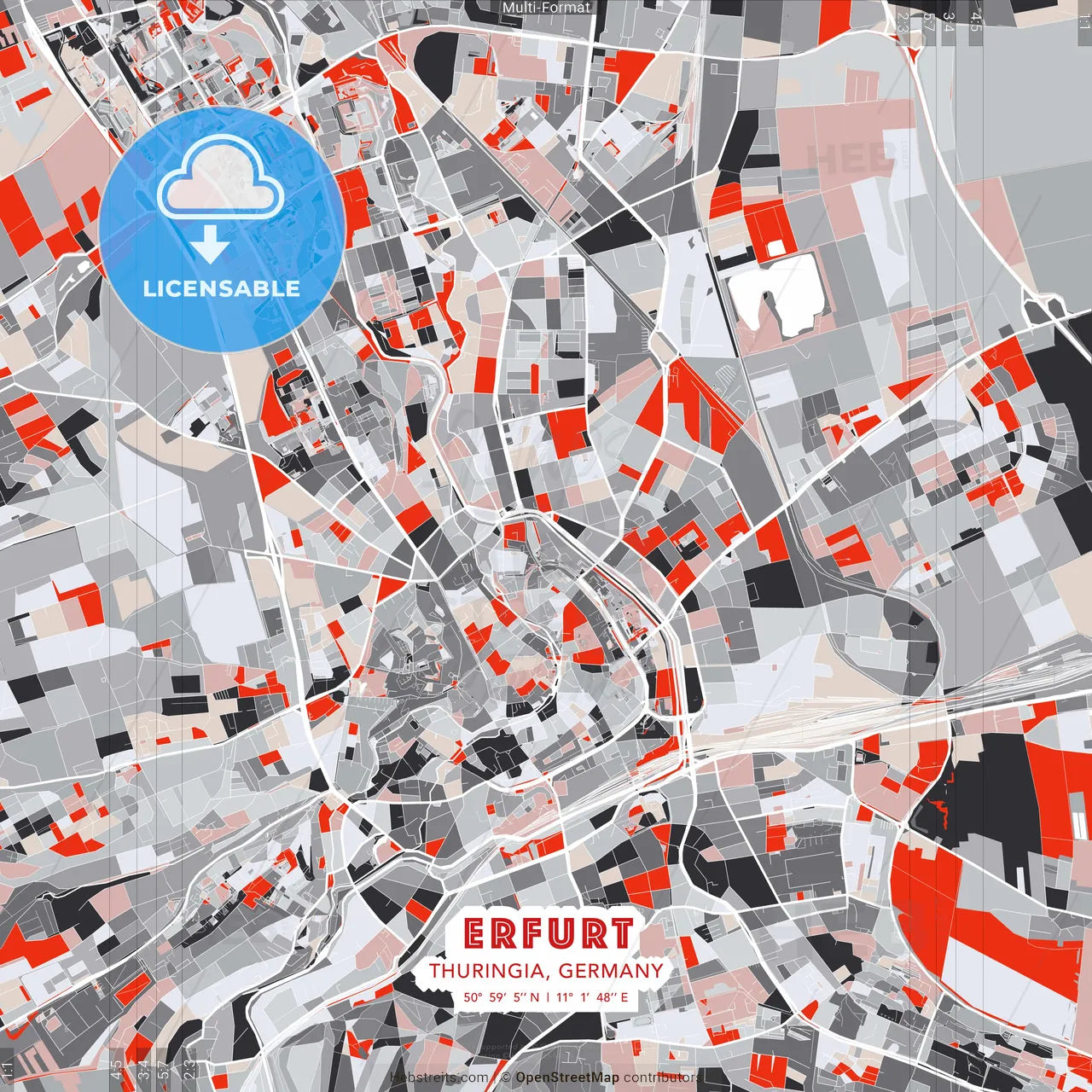 Erfurt, Thuringia, Germany - modern street map poster template with gray and red tones