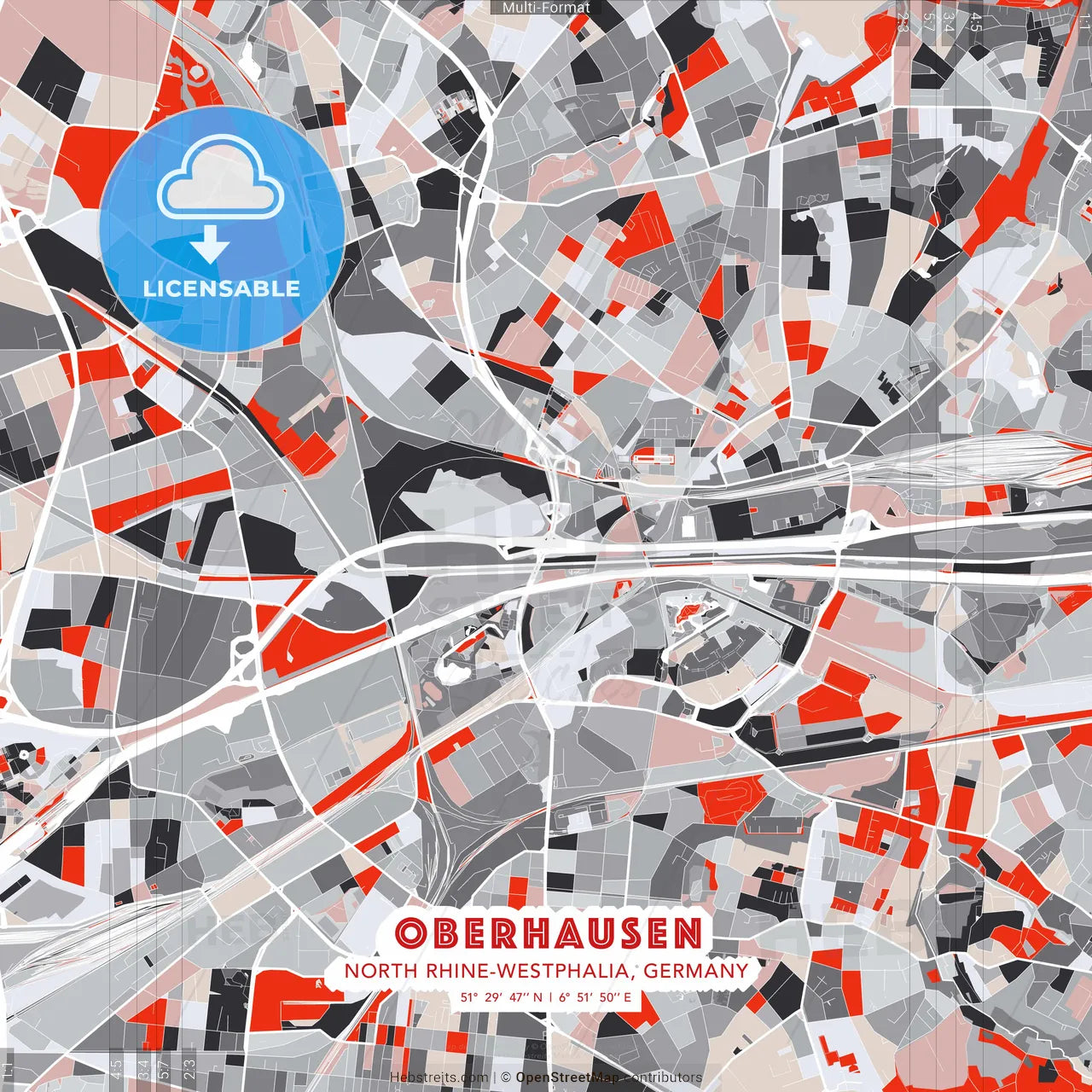 Oberhausen, North Rhine-Westphalia, Germany - modern street map poster template with gray and red tones