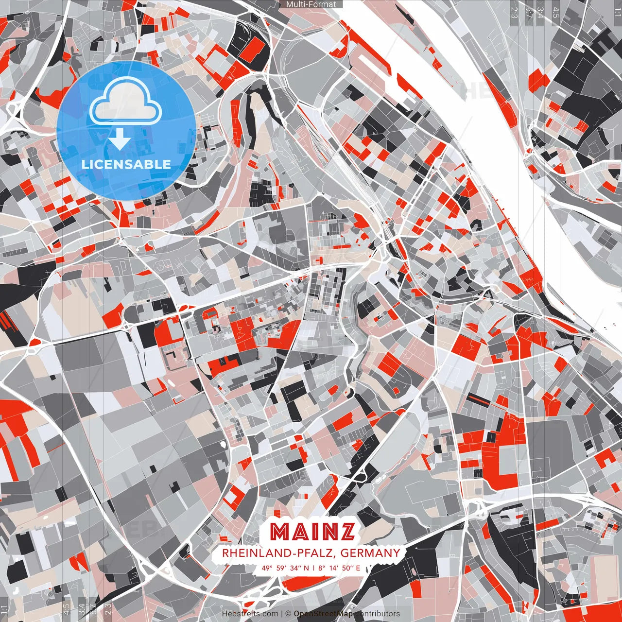 Mainz, Rheinland-Pfalz, Germany - modern street map poster template with gray and red tones