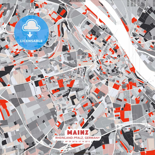 Mainz, Rheinland-Pfalz, Germany - modern street map poster template with gray and red tones