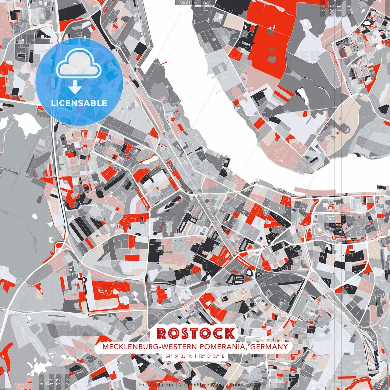 Rostock, Mecklenburg-Western Pomerania, Germany - modern street map poster template with gray and red tones