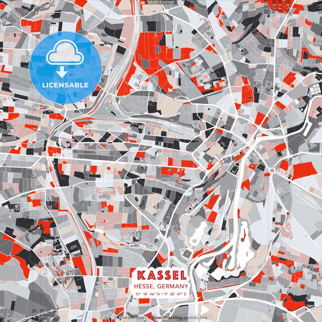 Kassel, Hesse, Germany - modern street map poster template with gray and red tones