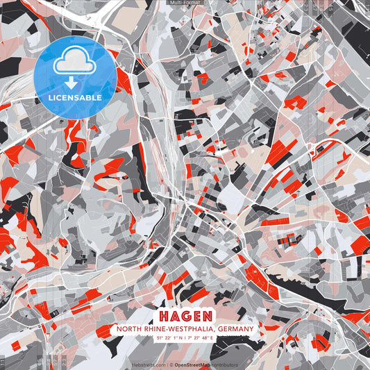 Hagen, North Rhine-Westphalia, Germany - modern street map poster template with gray and red tones