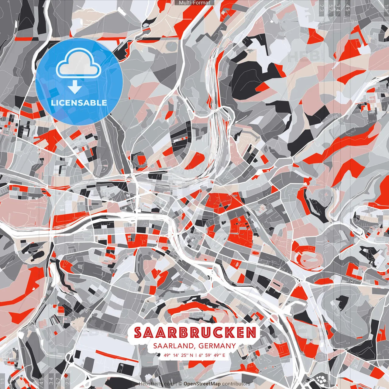 Saarbrucken, Saarland, Germany - modern street map poster template with gray and red tones