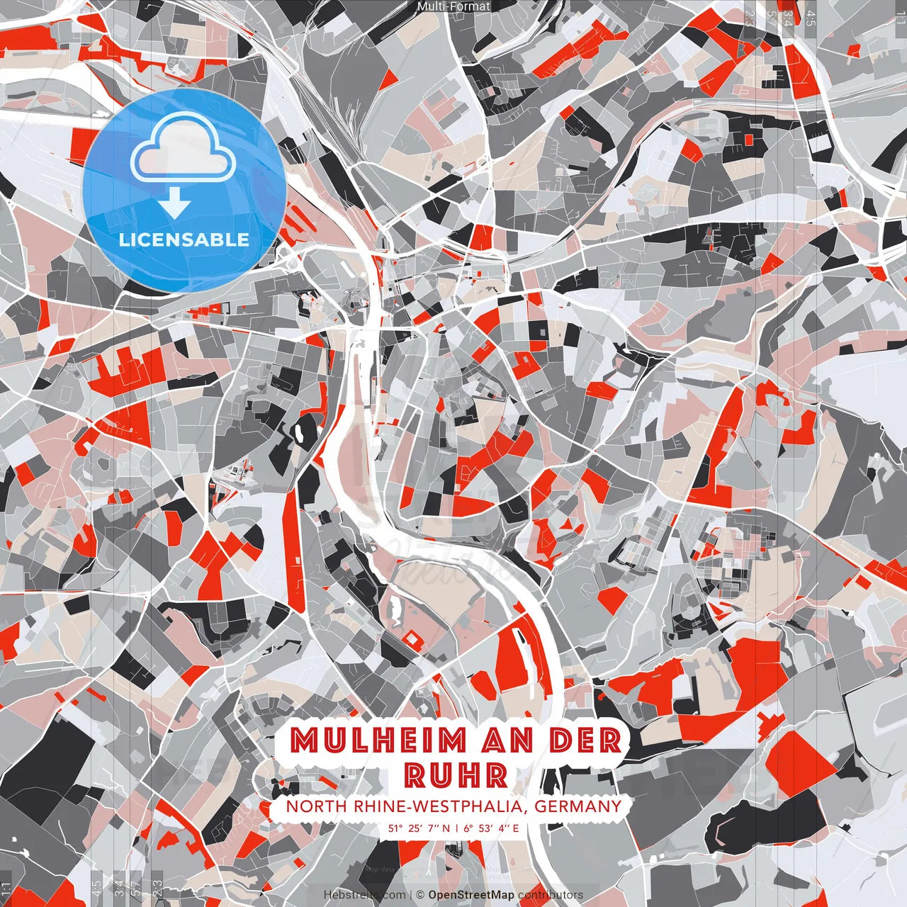 Mulheim an der Ruhr, North Rhine-Westphalia, Germany - modern street map poster template with gray and red tones