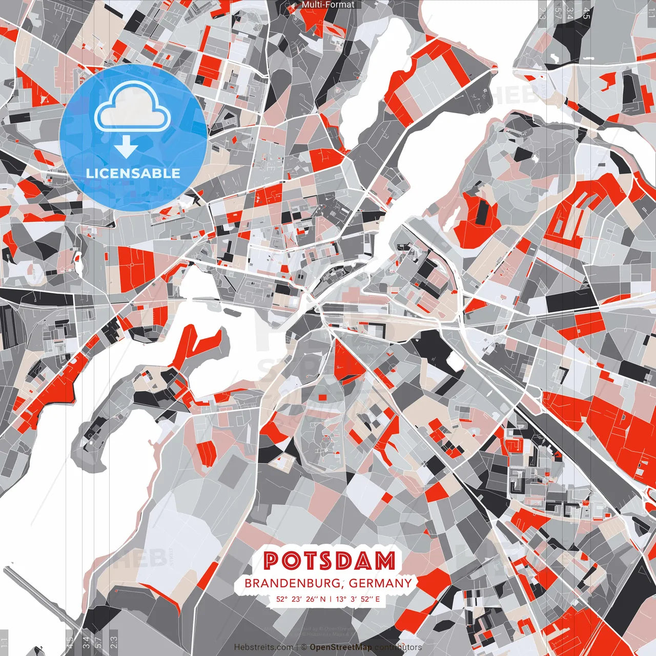Potsdam, Brandenburg, Germany - modern street map poster template with gray and red tones
