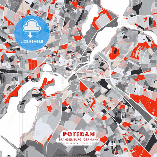 Potsdam, Brandenburg, Germany - modern street map poster template with gray and red tones