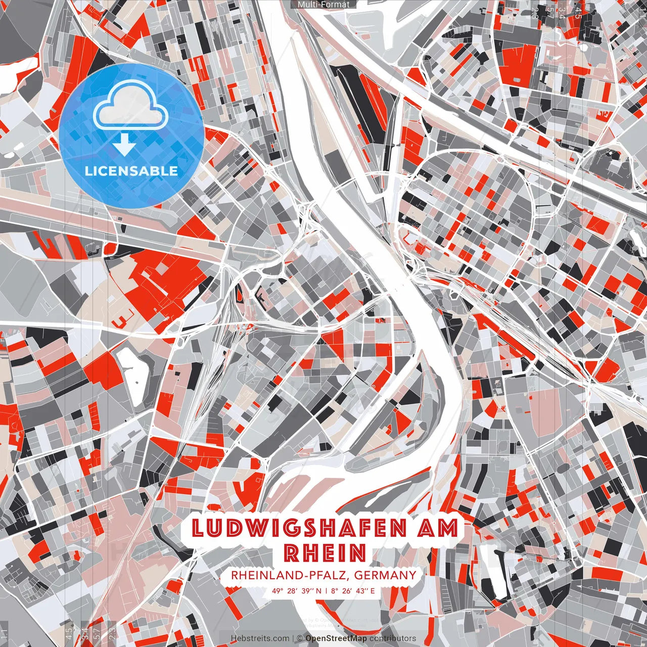 Ludwigshafen am Rhein, Rheinland-Pfalz, Germany - modern street map poster template with gray and red tones