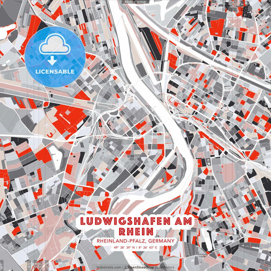 Ludwigshafen am Rhein, Rheinland-Pfalz, Germany - modern street map poster template with gray and red tones