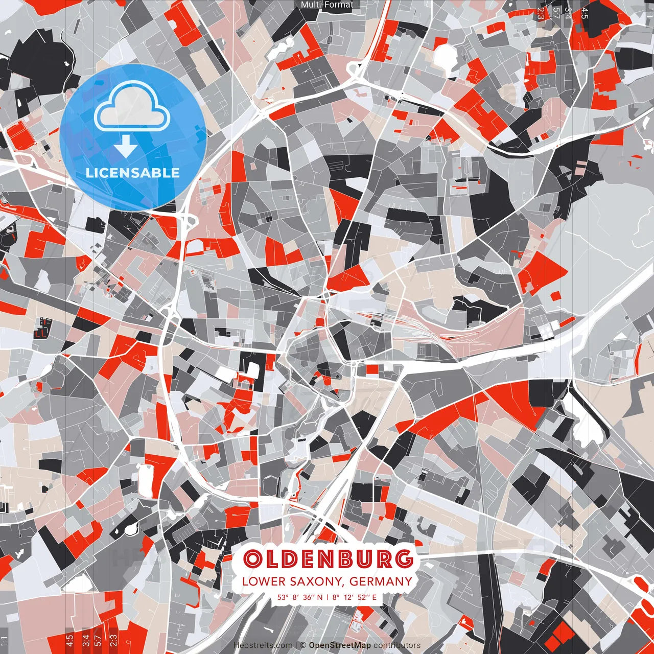 Oldenburg, Lower Saxony, Germany - modern street map poster template with gray and red tones