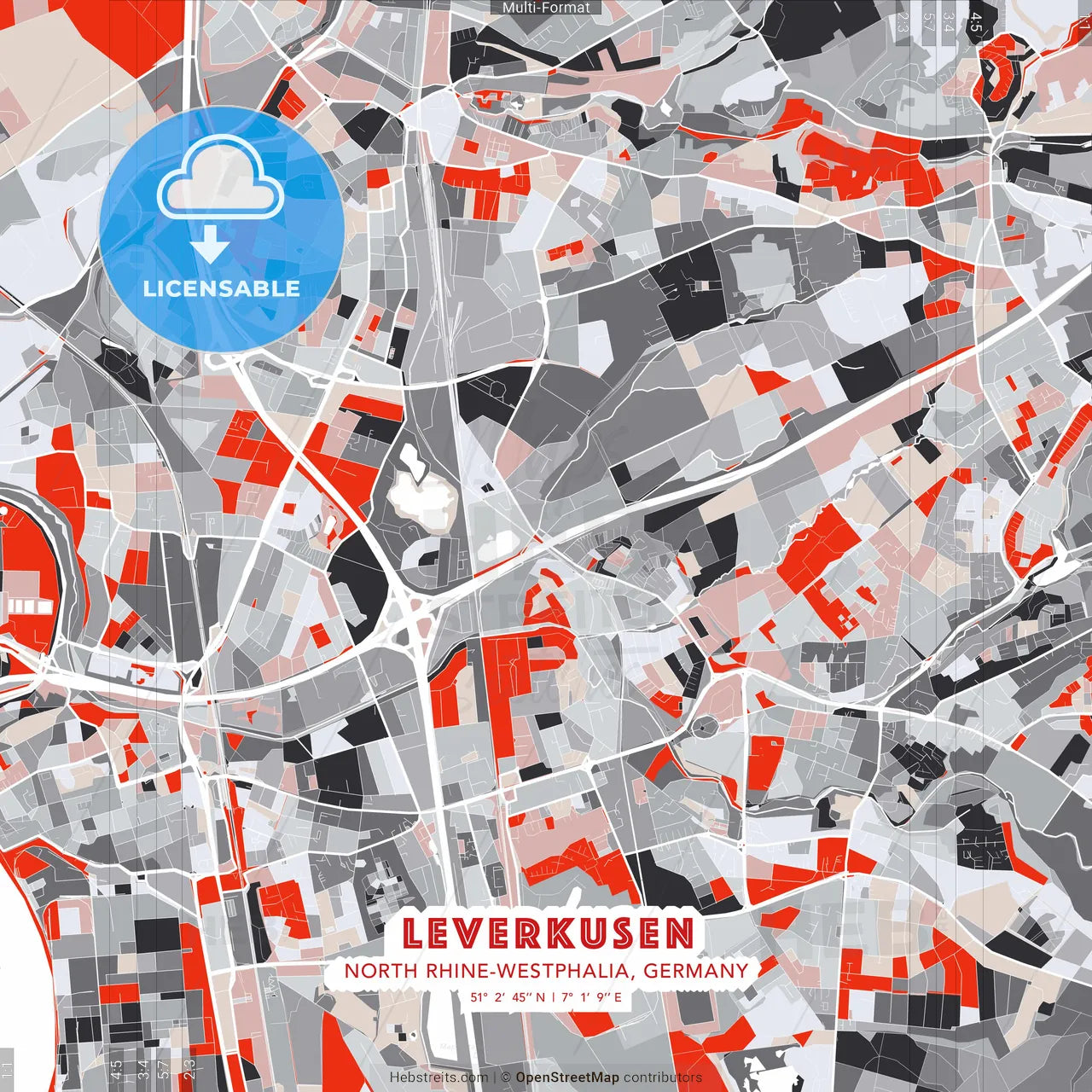 Leverkusen, North Rhine-Westphalia, Germany - modern street map poster template with gray and red tones