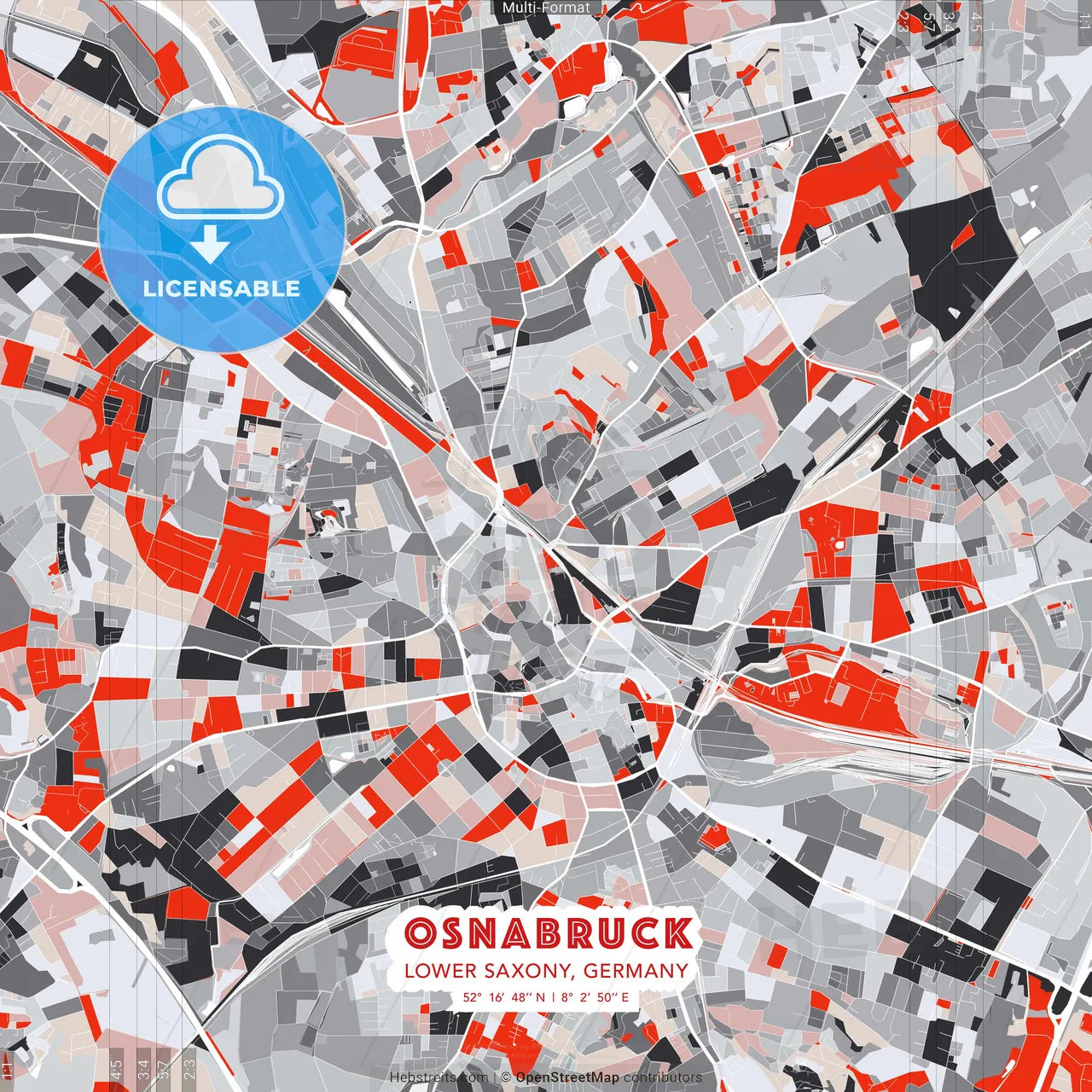 Osnabruck, Lower Saxony, Germany - modern street map poster template with gray and red tones
