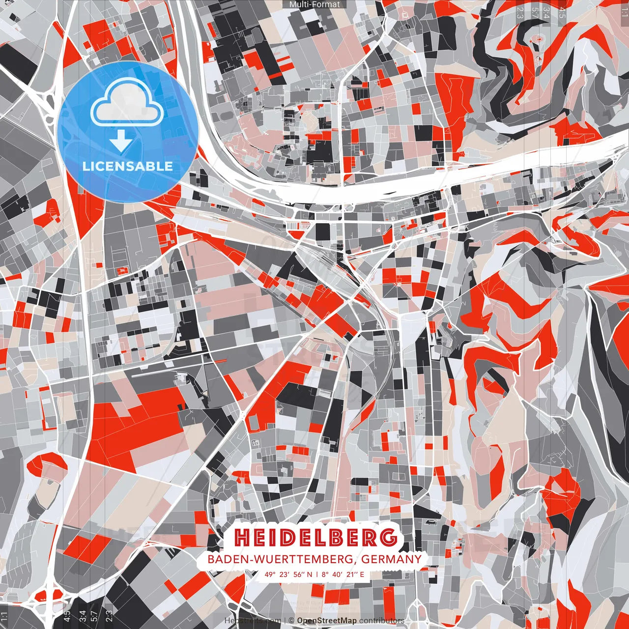 Heidelberg, Baden-Wuerttemberg, Germany - modern street map poster template with gray and red tones