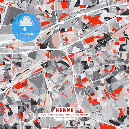 Herne, North Rhine-Westphalia, Germany - modern street map poster template with gray and red tones