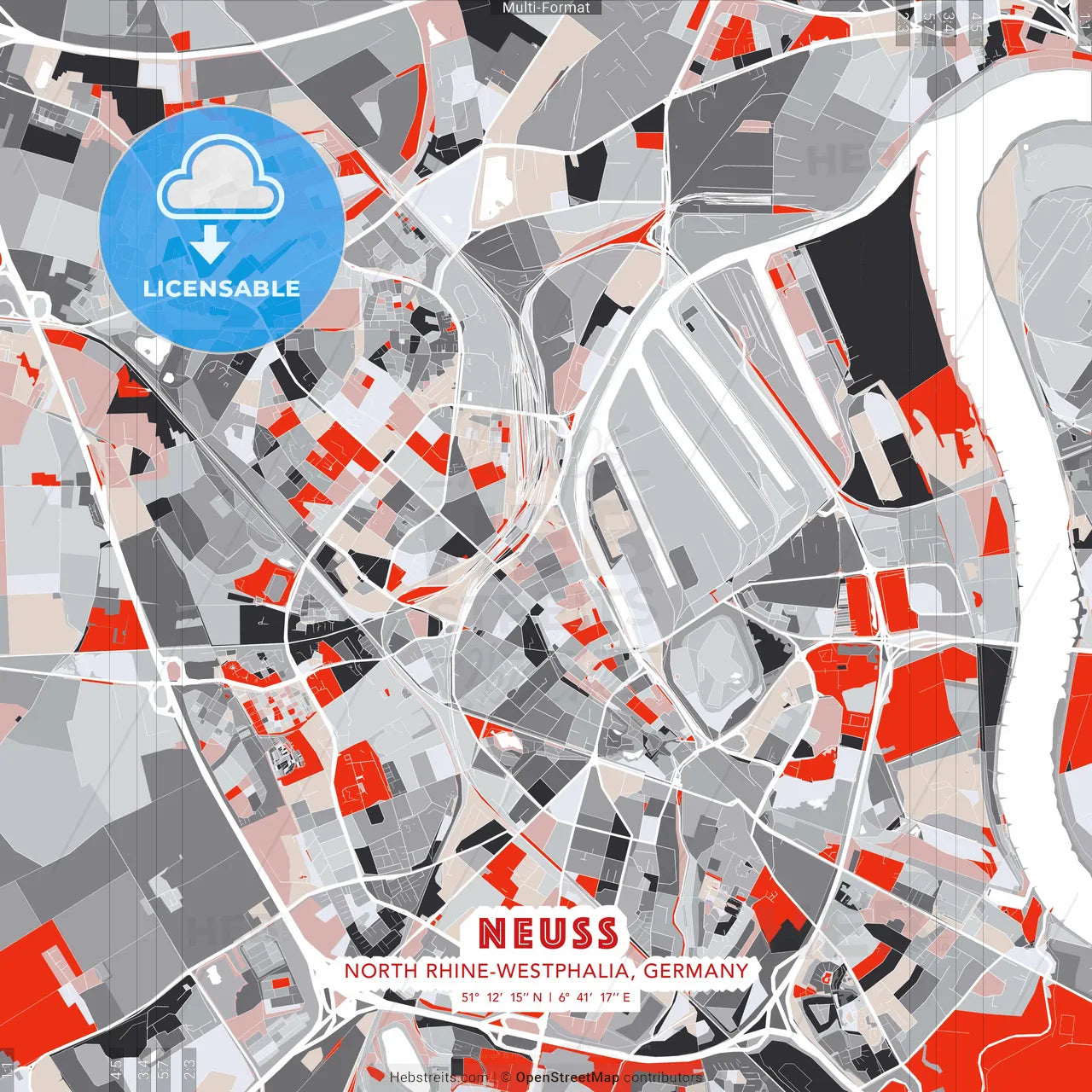 Neuss, North Rhine-Westphalia, Germany - modern street map poster template with gray and red tones