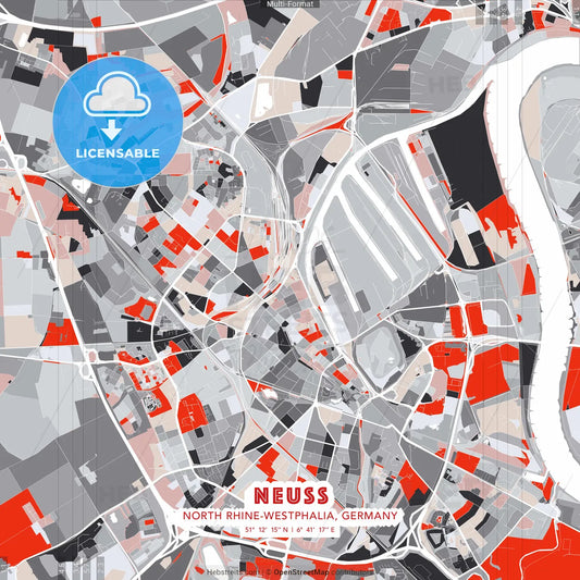 Neuss, North Rhine-Westphalia, Germany - modern street map poster template with gray and red tones