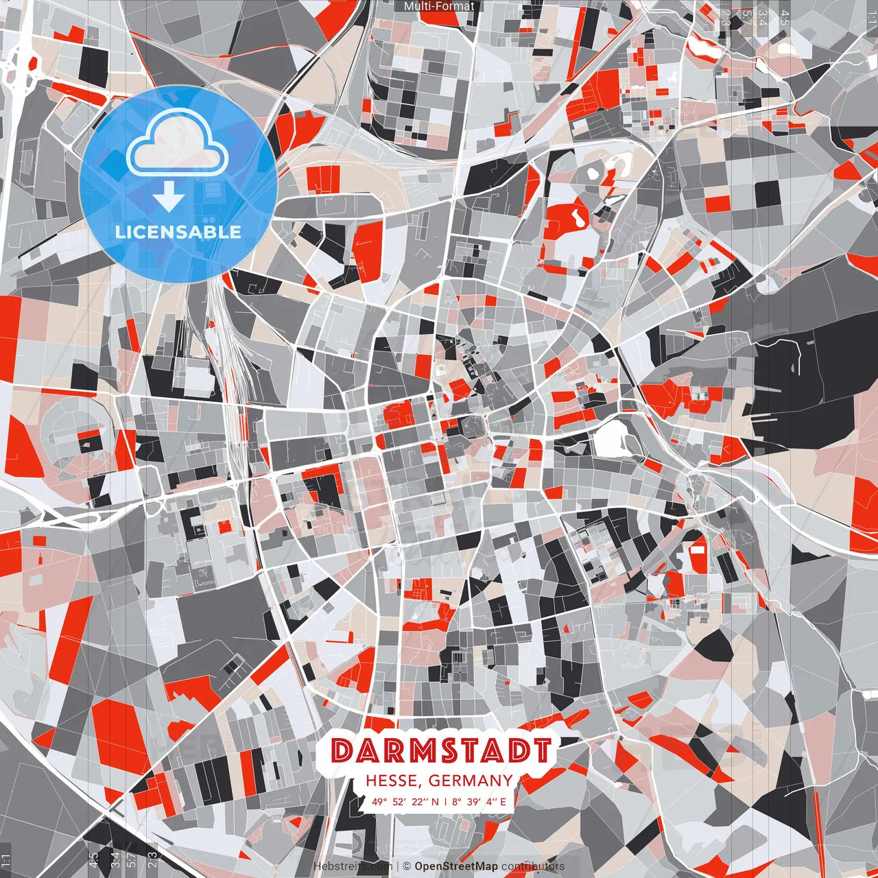 Darmstadt, Hesse, Germany - modern street map poster template with gray and red tones