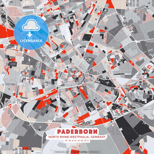 Paderborn, North Rhine-Westphalia, Germany - modern street map poster template with gray and red tones