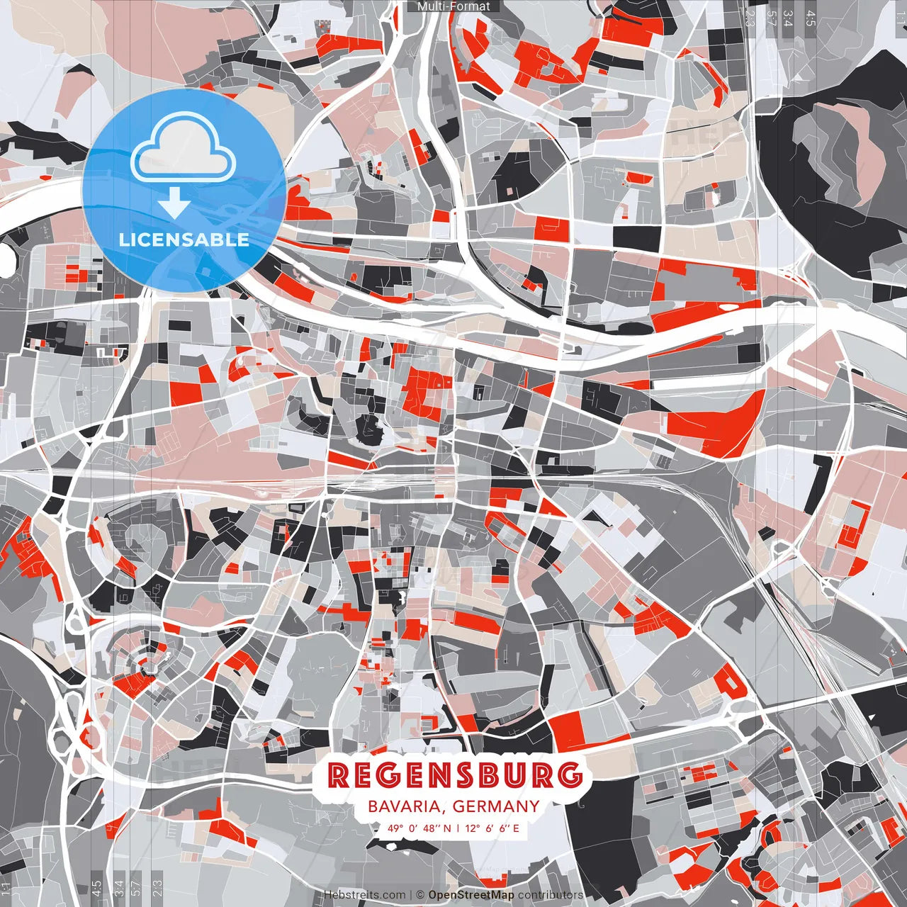 Regensburg, Bavaria, Germany - modern street map poster template with gray and red tones