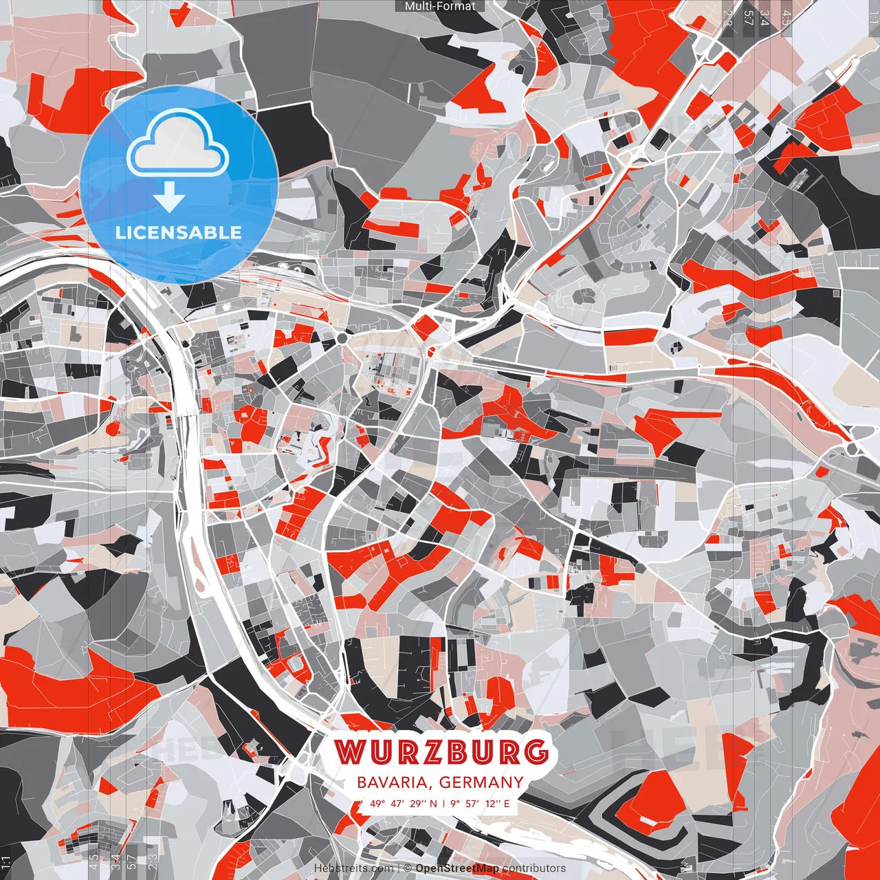 Wurzburg, Bavaria, Germany - modern street map poster template with gray and red tones