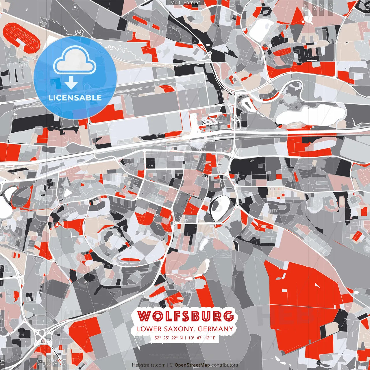 Wolfsburg, Lower Saxony, Germany - modern street map poster template with gray and red tones