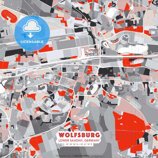 Wolfsburg, Lower Saxony, Germany - modern street map poster template with gray and red tones