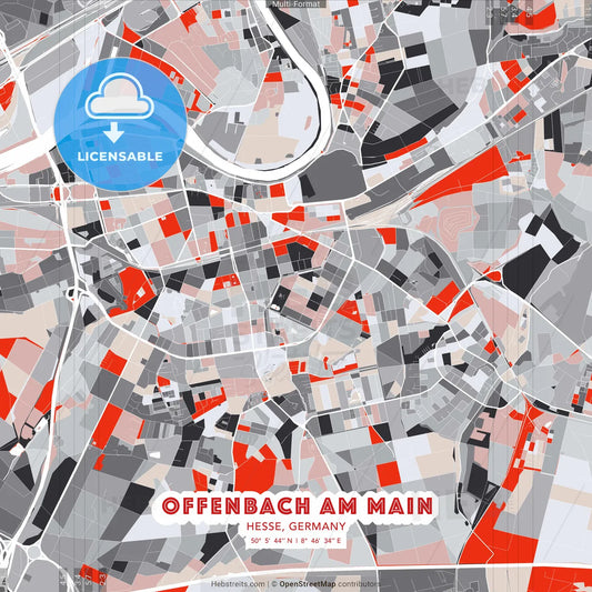 Offenbach am Main, Hesse, Germany - modern street map poster template with gray and red tones