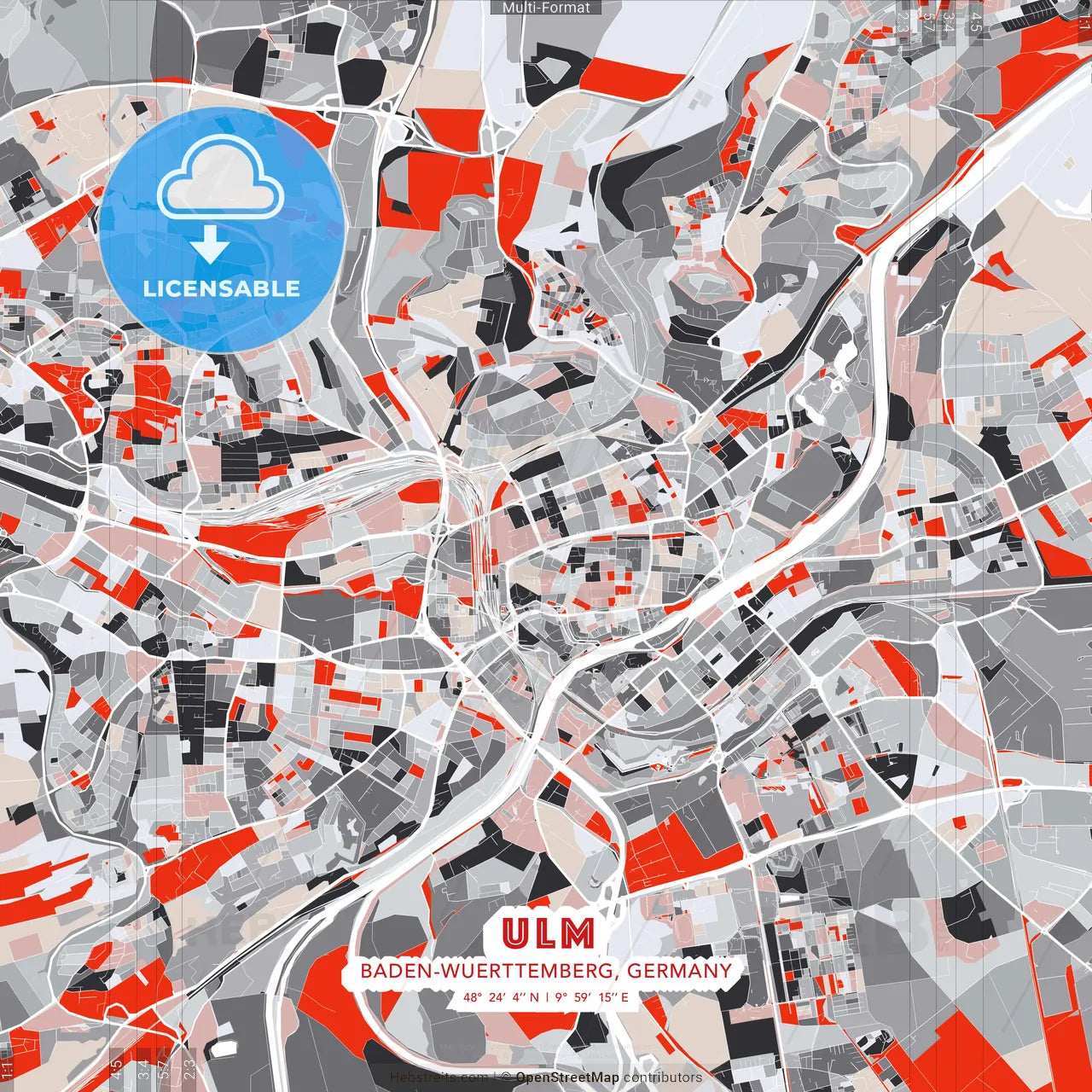 Ulm, Baden-Wuerttemberg, Germany - modern street map poster template with gray and red tones