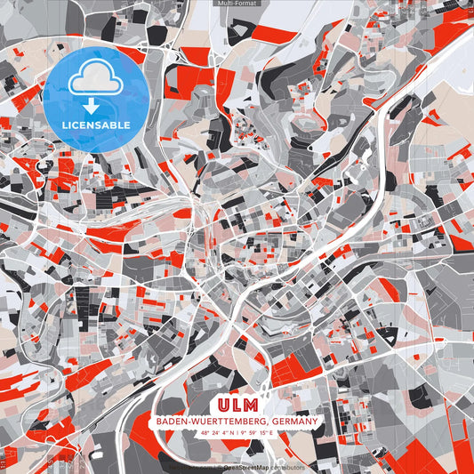Ulm, Baden-Wuerttemberg, Germany - modern street map poster template with gray and red tones