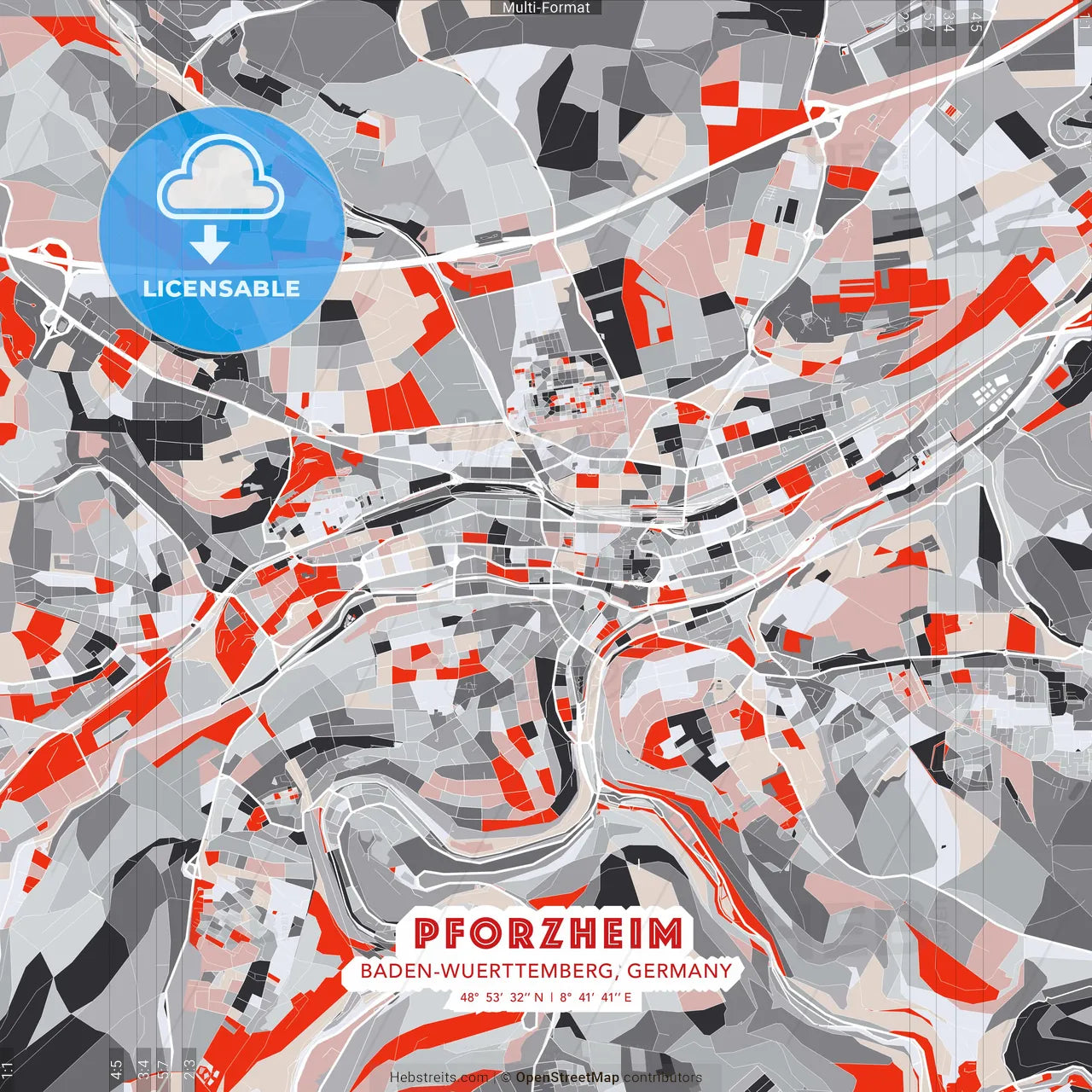 Pforzheim, Baden-Wuerttemberg, Germany - modern street map poster template with gray and red tones