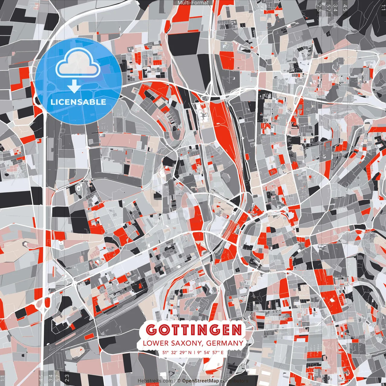Gottingen, Lower Saxony, Germany - modern street map poster template with gray and red tones