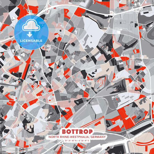 Bottrop, North Rhine-Westphalia, Germany - modern street map poster template with gray and red tones