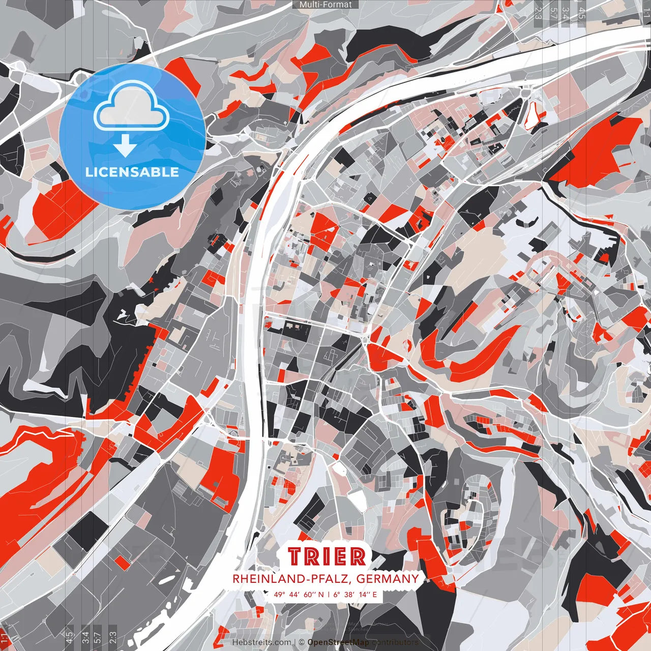 Trier, Rheinland-Pfalz, Germany - modern street map poster template with gray and red tones