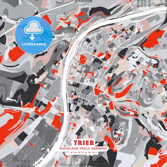 Trier, Rheinland-Pfalz, Germany - modern street map poster template with gray and red tones