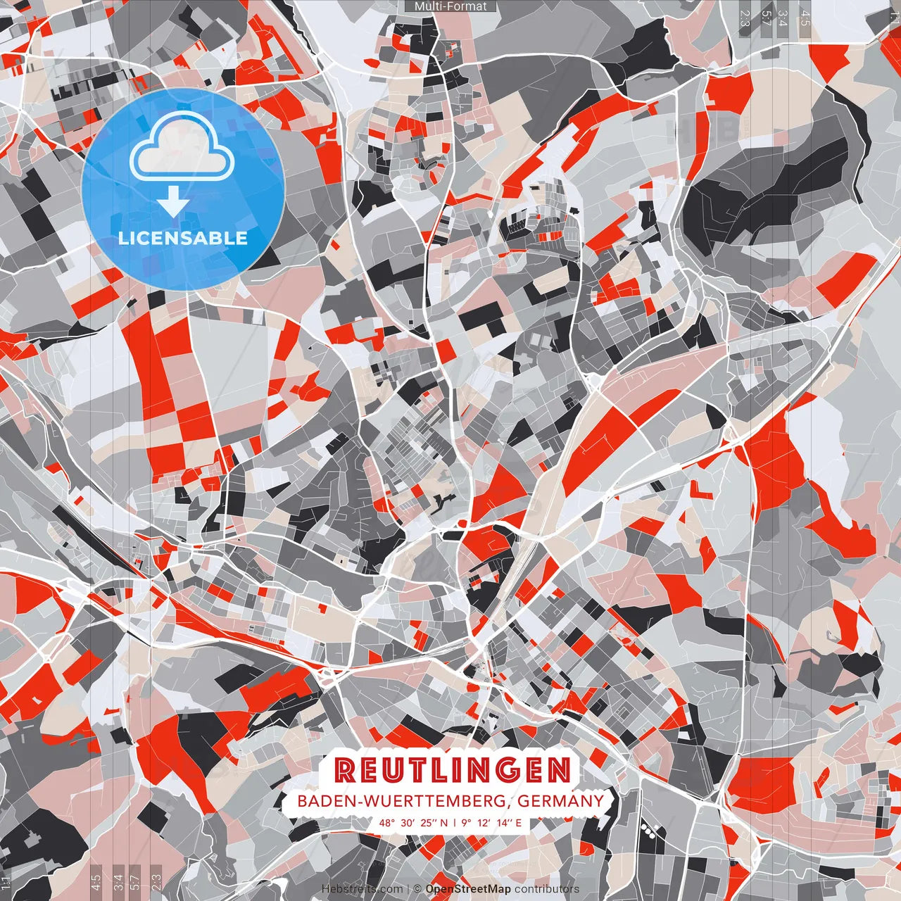 Reutlingen, Baden-Wuerttemberg, Germany - modern street map poster template with gray and red tones