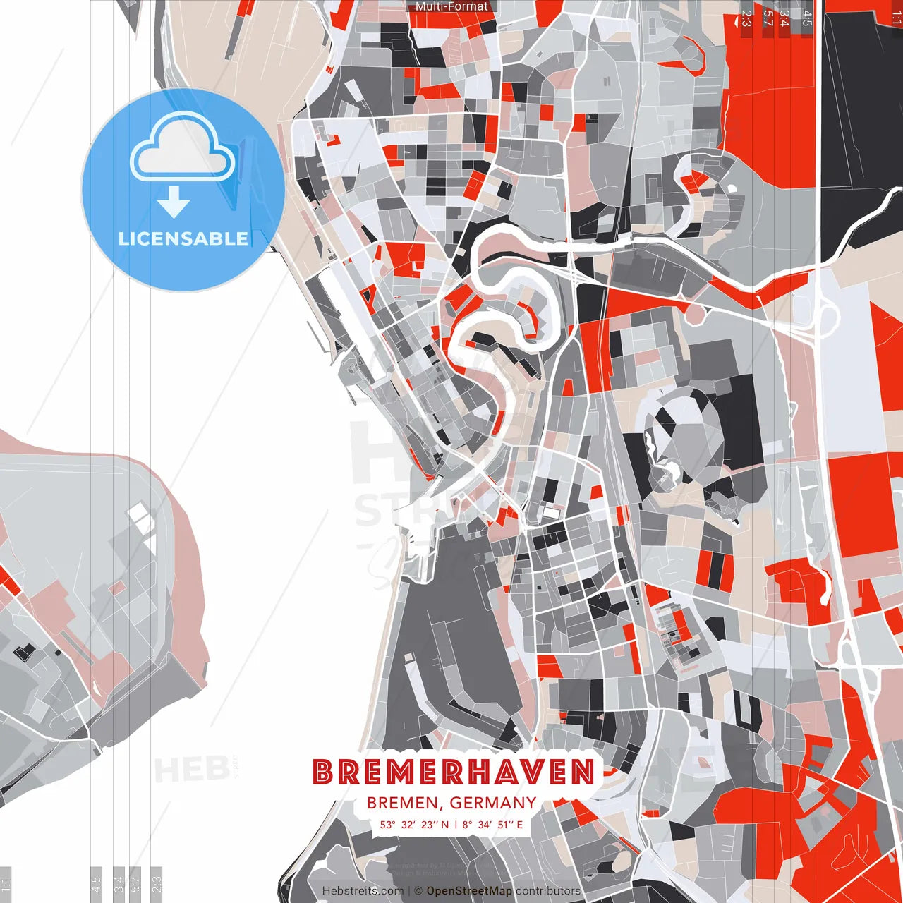 Bremerhaven, Bremen, Germany - modern street map poster template with gray and red tones