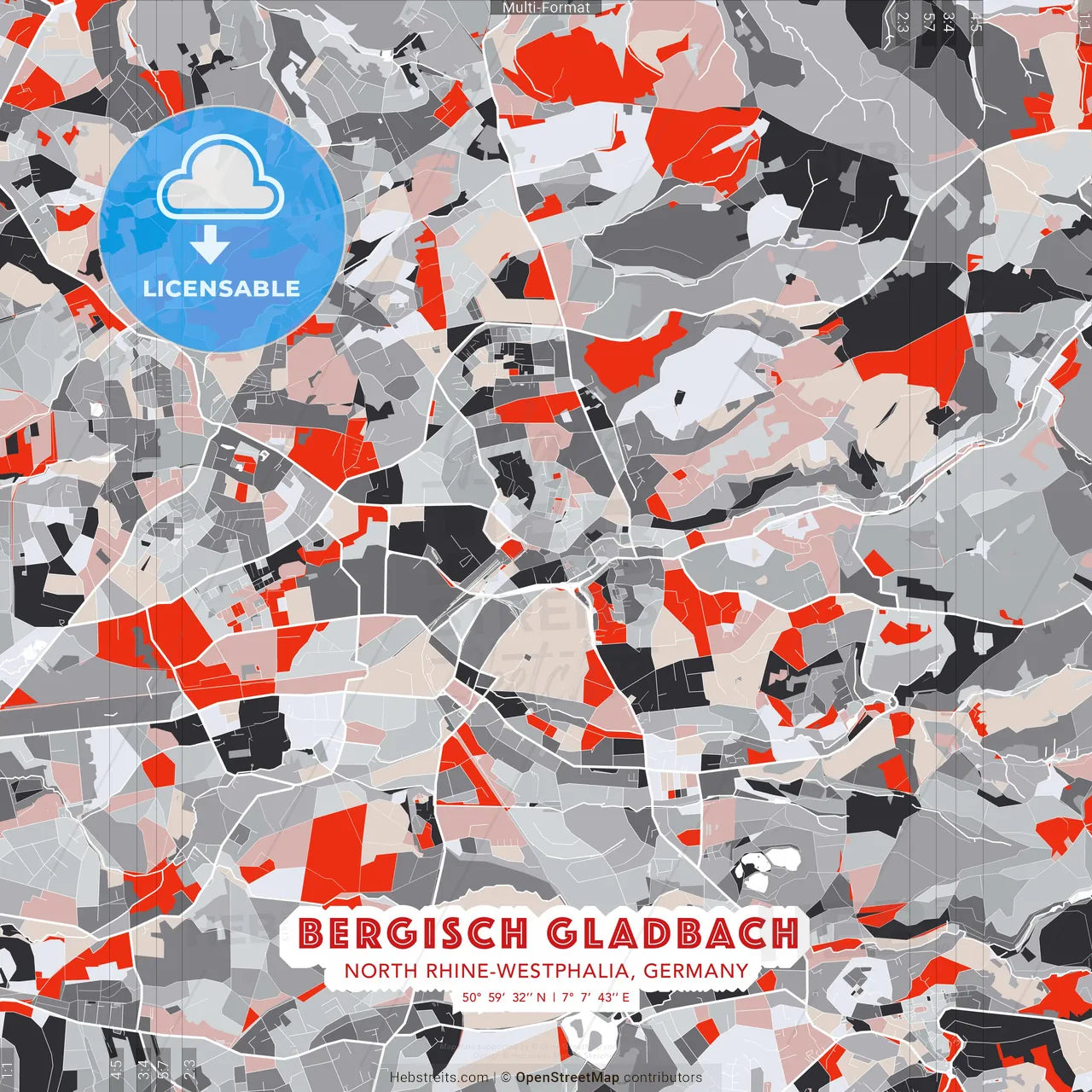 Bergisch Gladbach, North Rhine-Westphalia, Germany - modern street map poster template with gray and red tones