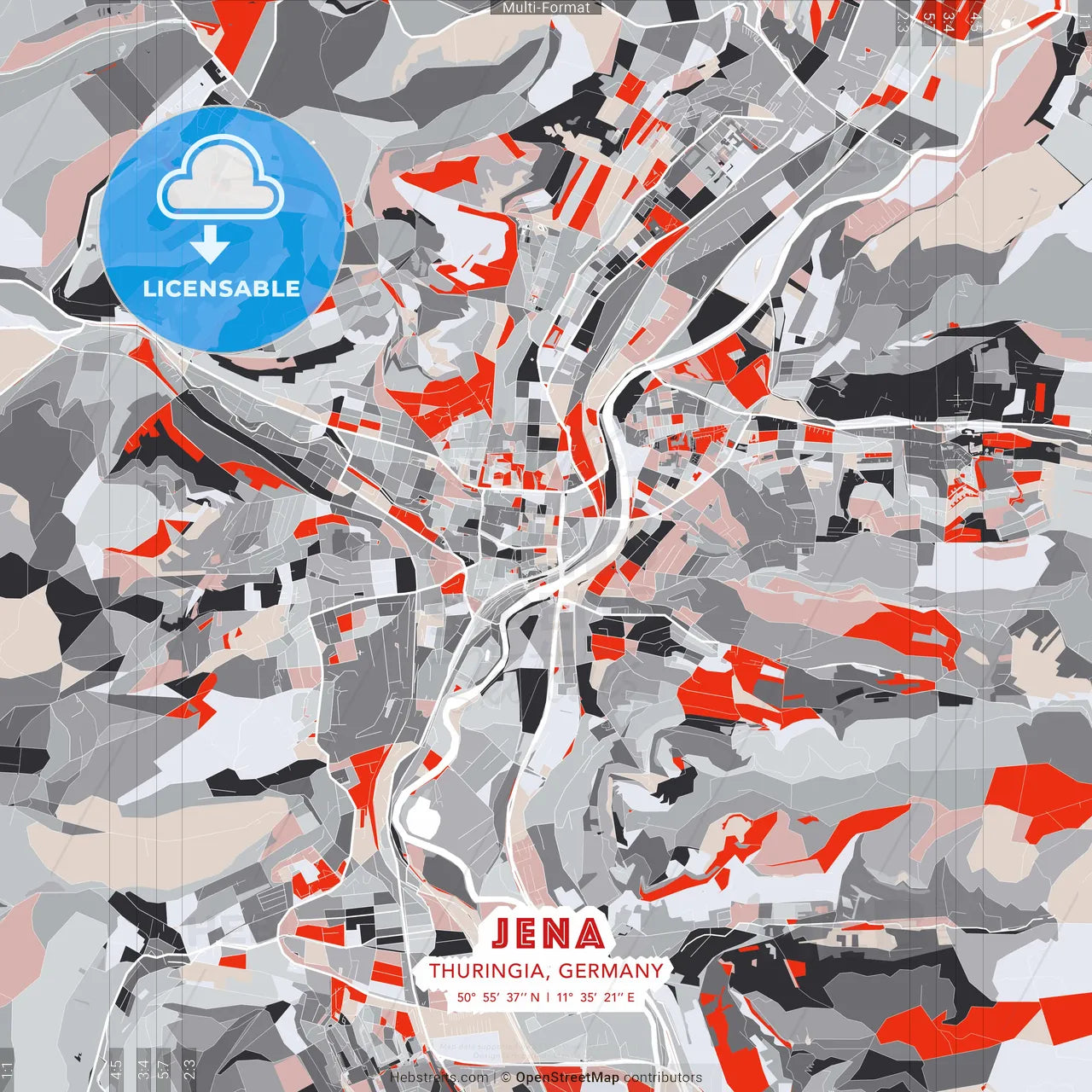 Jena, Thuringia, Germany - modern street map poster template with gray and red tones