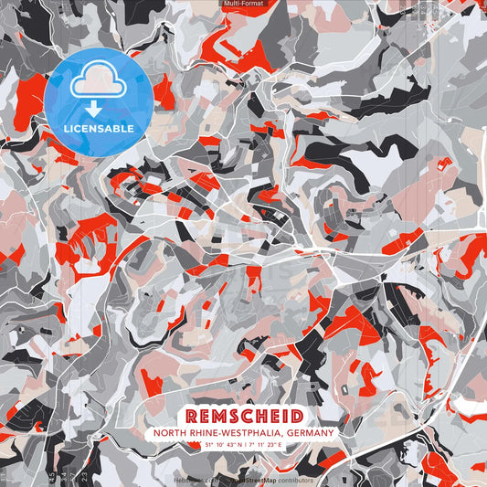Remscheid, North Rhine-Westphalia, Germany - modern street map poster template with gray and red tones